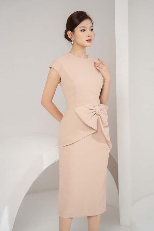 Sixdo Beige Cap Sleeves Midi Raw Dress